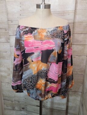 Off-Shoulder Multicolor Abstract Print Sheer Blouse - Pink & Orange